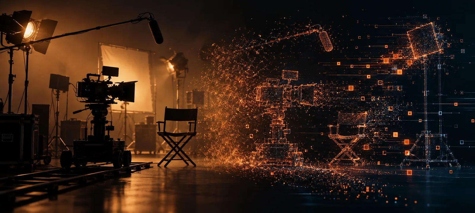 Abstract cinematic still showing a film set dissolving into digital particles, representing the transition from traditional to AI-assisted filmmaking