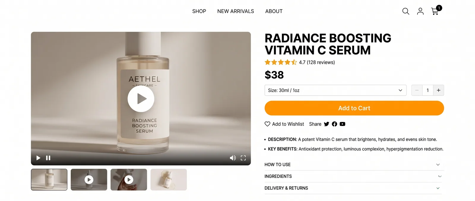 Screenshot of a Shopify product detail page for a skincare product with an embedded product demo video above the fold, next to the add-to-cart button