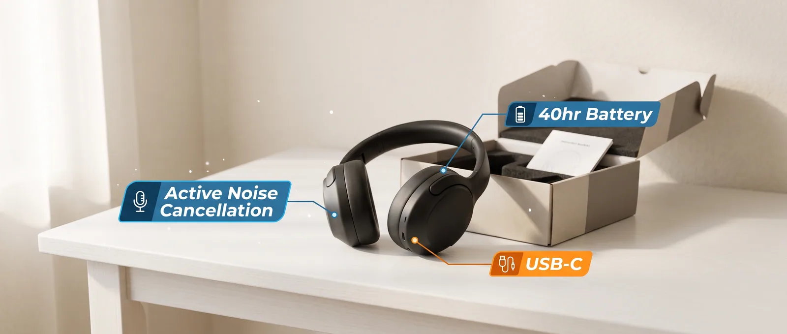 Example of a product demo video frame showing a pair of headphones being unboxed and worn, with key features labeled as animated text overlays