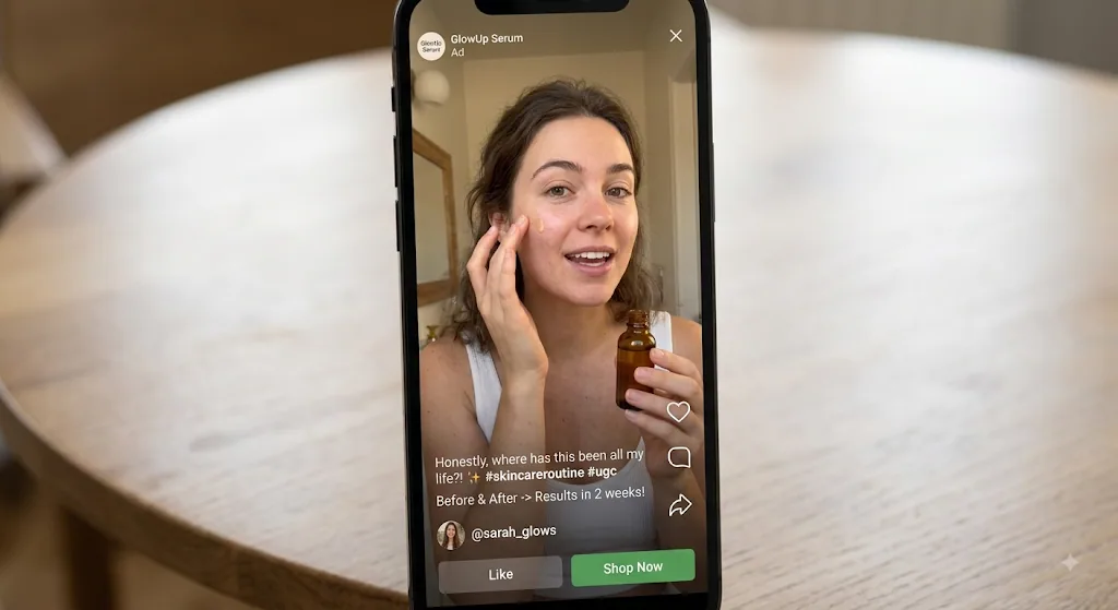 UGC skincare video ad shown on a phone screen with a creator demonstrating a serum product, displayed in a vertical Instagram Reels format with Shop Now button and engagement icons