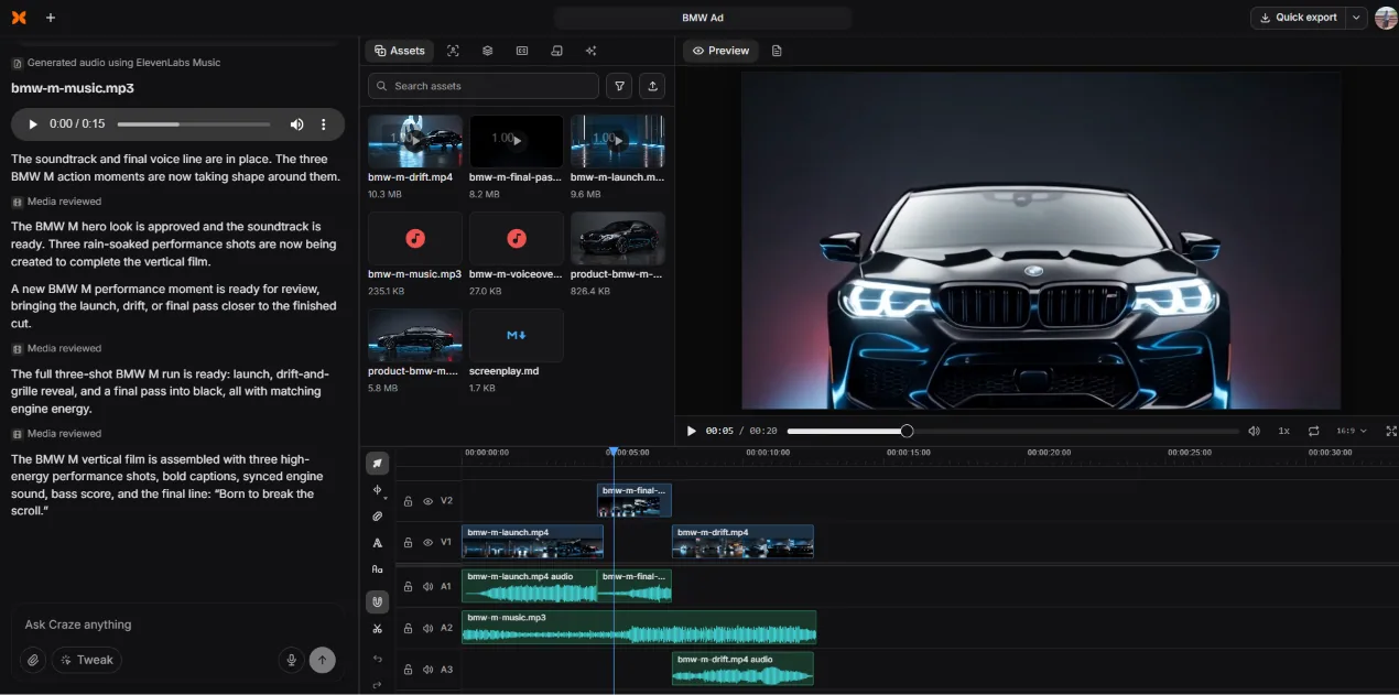 Craze AI video editor workspace showing a BMW Ad project with creative direction chat on the left, asset library and video preview in the center, and a multi-track timeline at the bottom